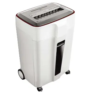 Ø入口寬度：230mm(A4)
Ø碎紙細度：4*20mm
(機密型)
Ø碎紙張數：16-17 張
Ø碎紙容量：33公升★雙鋼刀，可碎CD、信用卡、訂書針及一般紙張
★自動感應碎紙，具進進、後退及停止功能鍵
★具過熱滿紙、卡紙、開門及超量自動停機保護裝置
★採分離式入口抽屜式碎紙桶，清理方便又快速
★除錯燈號顯示，具透明觀景窗，超靜音機種
★經典時尚流線型外殼
★附四大活動滑輪(含二剎車輪)，移動更方便